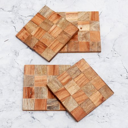 Brown Check Pattern Wooden Coasters - Pack of 4